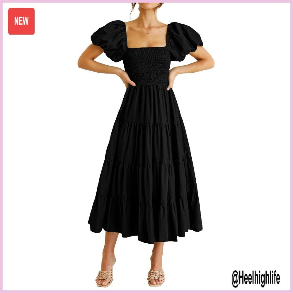 Women's Casual Midi Dress Puffy Sleeve Square Neck Smocked Tiered Ruffle